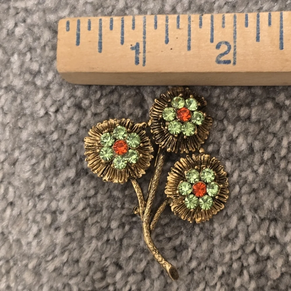 Gold Floral Brooch with Green and Orange Accents Vintage Metal Charm Assessory
